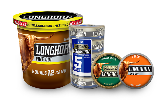 A group shot of Longhorn moist snuff products including a long cut tub, a roll of pouches, a can of pouches and a long cut can.