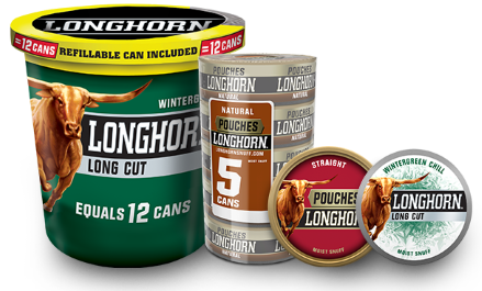 A group shot of Longhorn moist snuff products including a long cut tub, a roll of pouches, a can of pouches and a long cut can.