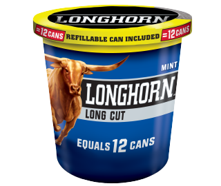 A tub of Longhorn Long Cut Mint moist snuff.