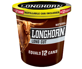 A tub of Longhorn Long Cut Natural moist snuff.