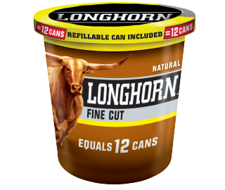 A tub of Longhorn Fine Cut Natural moist snuff.