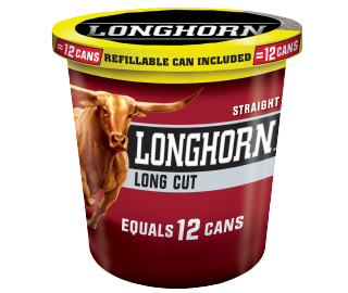 A tub of Longhorn Long Cut Straight moist snuff.