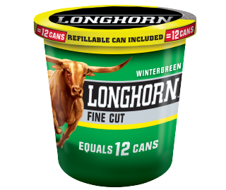 A tub of Longhorn Fine Cut Wintergreen moist snuff.