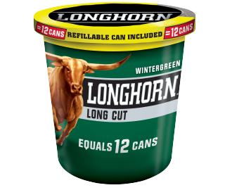 A tub of Longhorn Long Cut Wintergreen moist snuff.